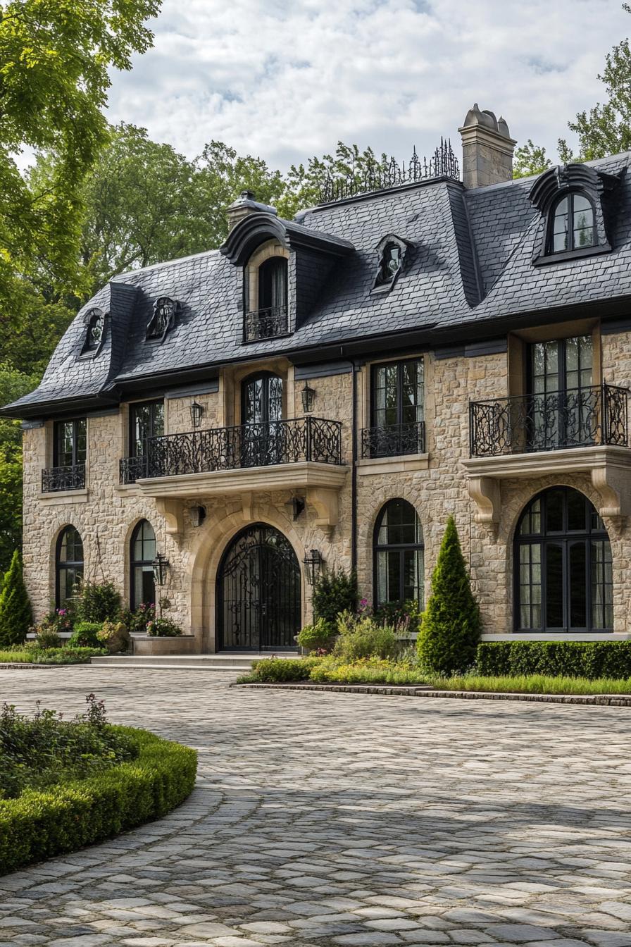 french country cottage with polished stone tile facade dark grey shingle roof with dormers large arched windows iron balconies big arch entry