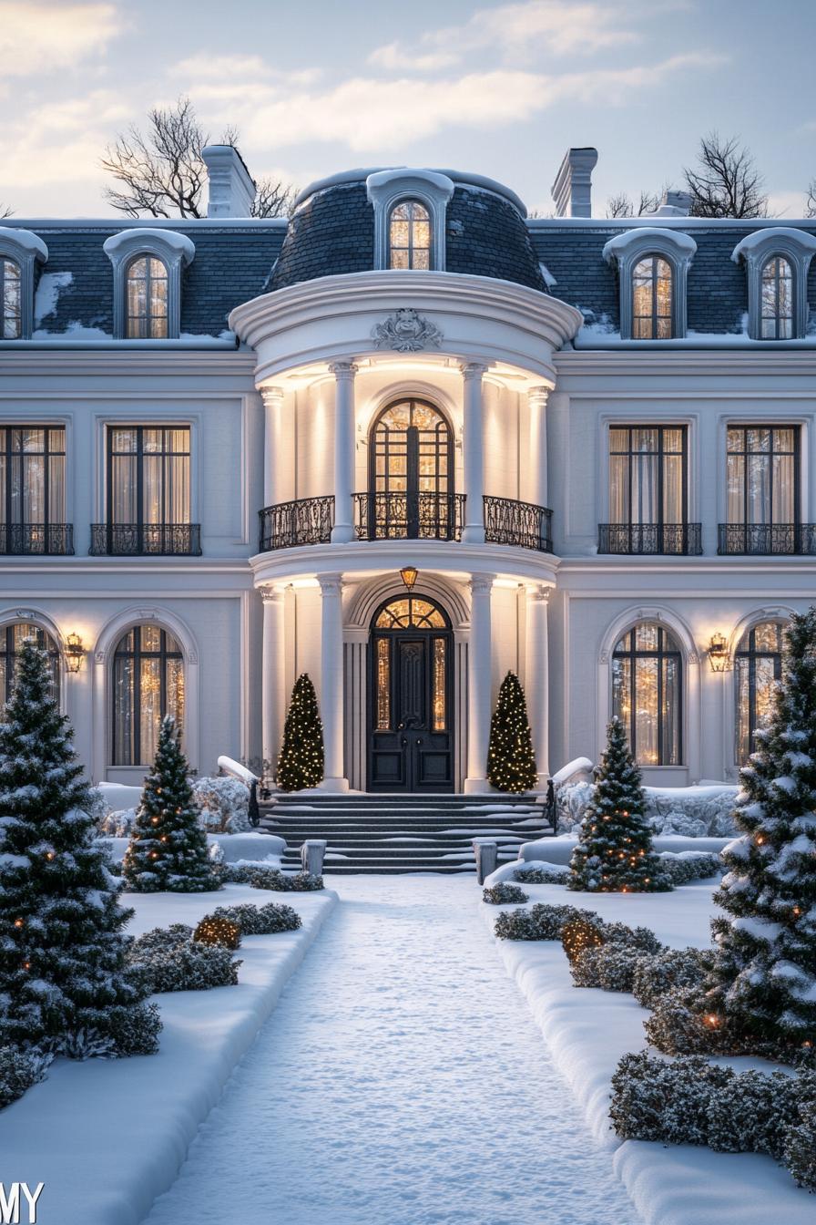 front view of a French mansion in winter white facade with columns and arches black multi pitched roof with dormers large front entrance with 1