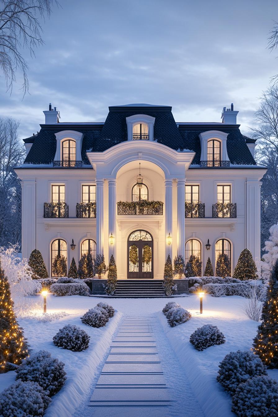 front view of a French mansion in winter white facade with columns and arches black multi pitched roof with dormers large front entrance with 2