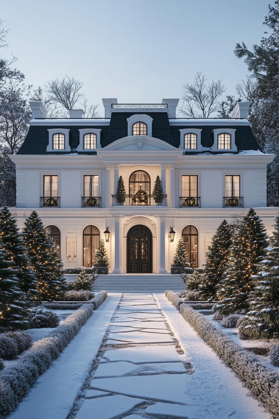 front view of a French mansion in winter white facade with columns and arches black multi pitched roof with dormers large front entrance with 3