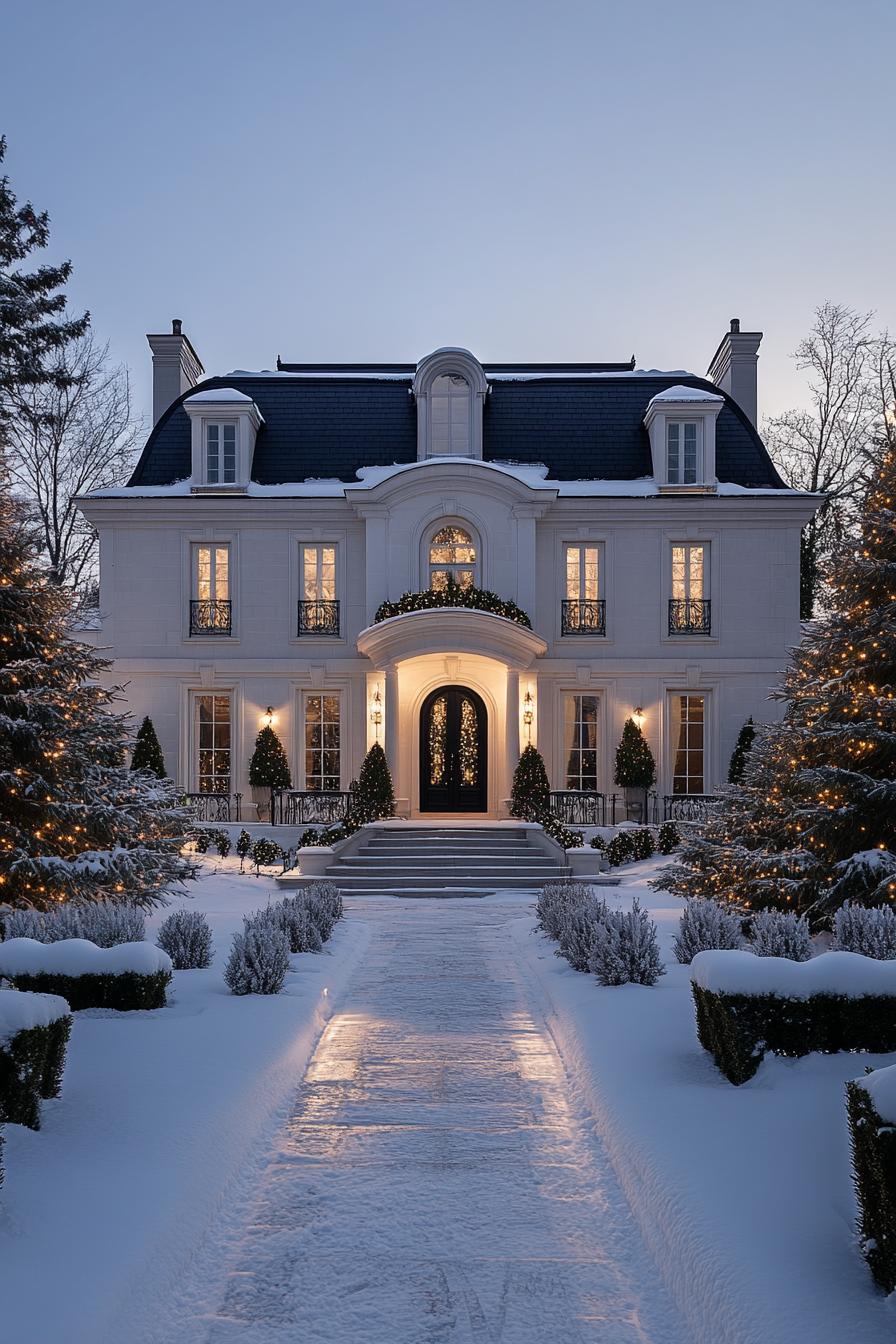 front view of a French mansion in winter white facade with columns and arches black multi pitched roof with dormers large front entrance with