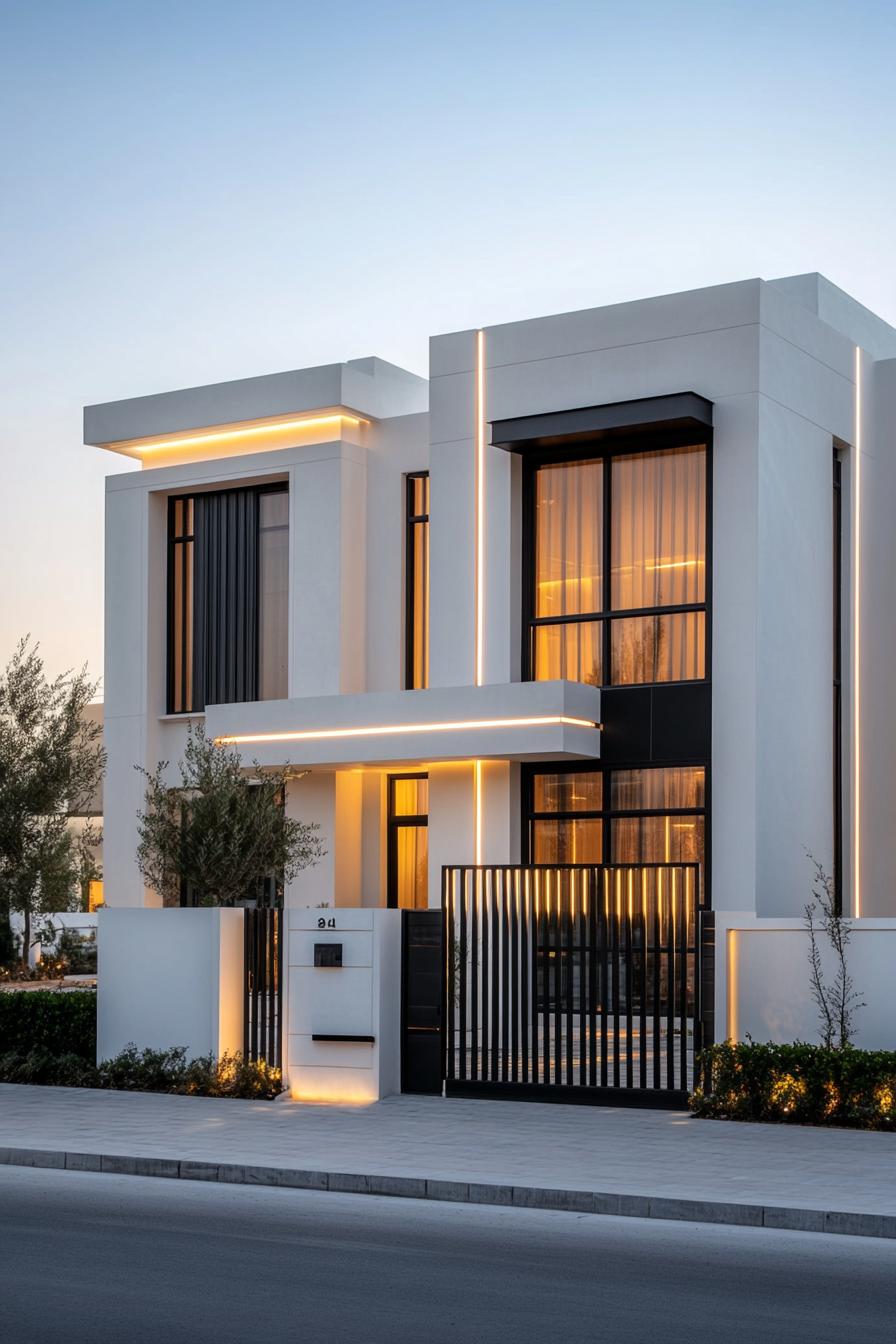 front view of a modern white villa black accents small modern windows narrow LED lit stripe accents the house is behind a tall white concrete 1