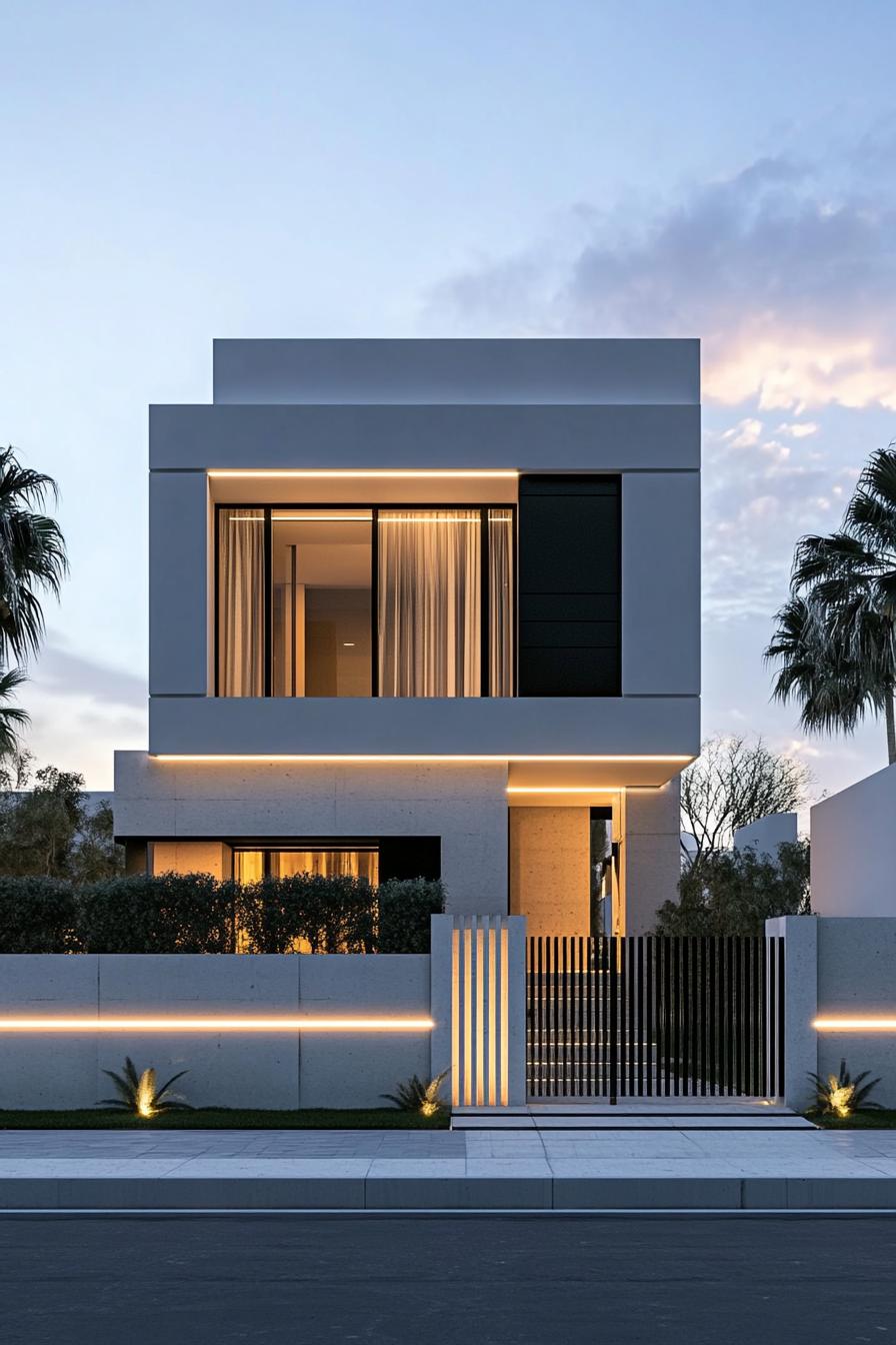 front view of a modern white villa black accents small modern windows narrow LED lit stripe accents the house is behind a tall white concrete 2