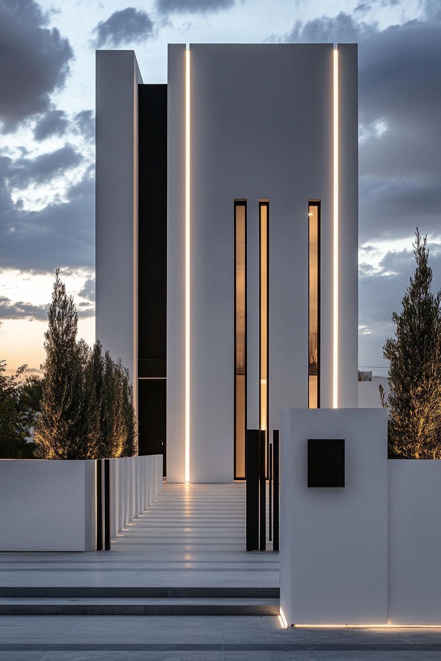 front view of a modern white villa black accents small modern windows narrow LED lit stripe accents the house is behind a tall white concrete 3