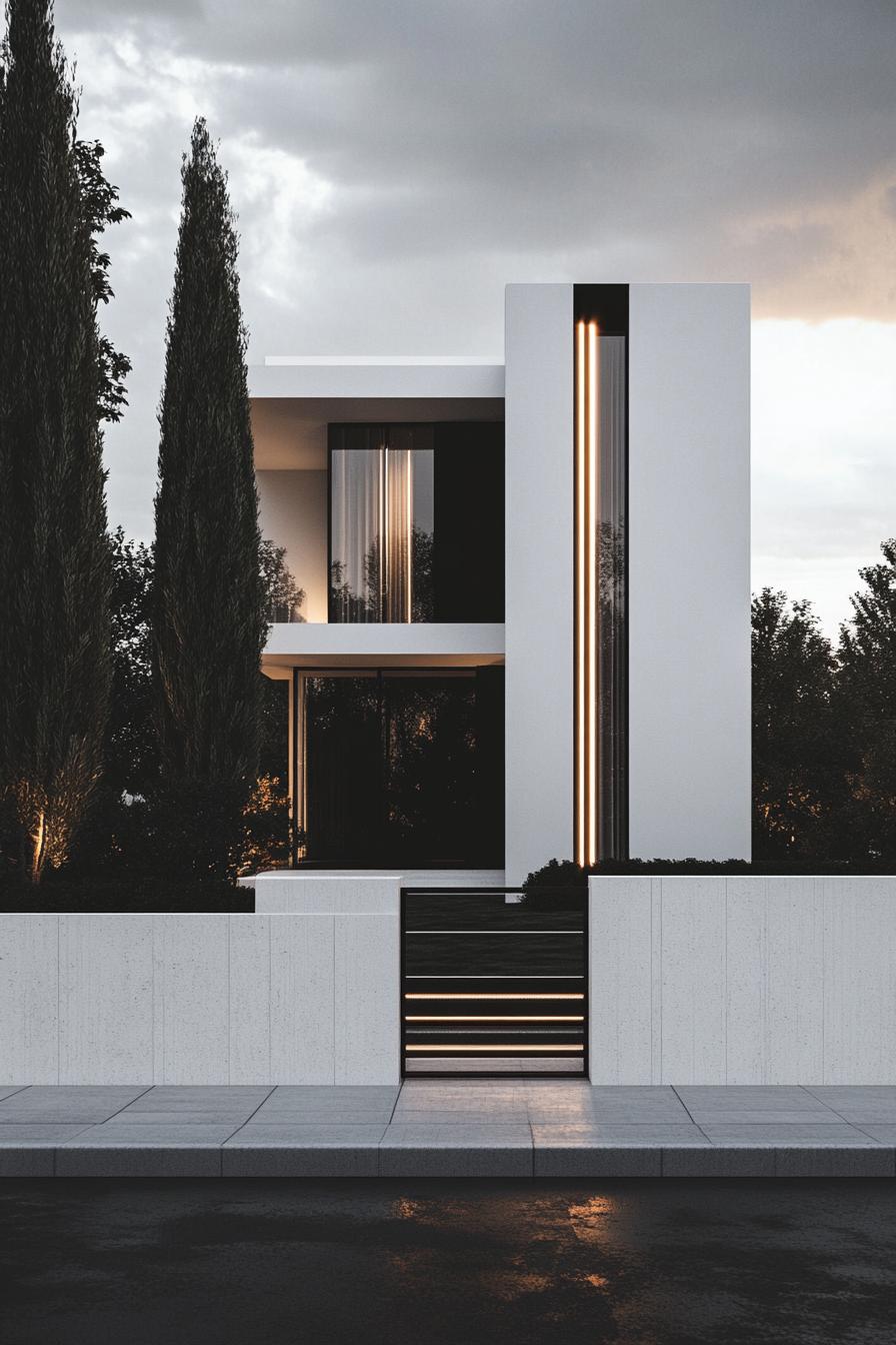 front view of a modern white villa black accents small modern windows narrow LED lit stripe accents the house is behind a tall white concrete