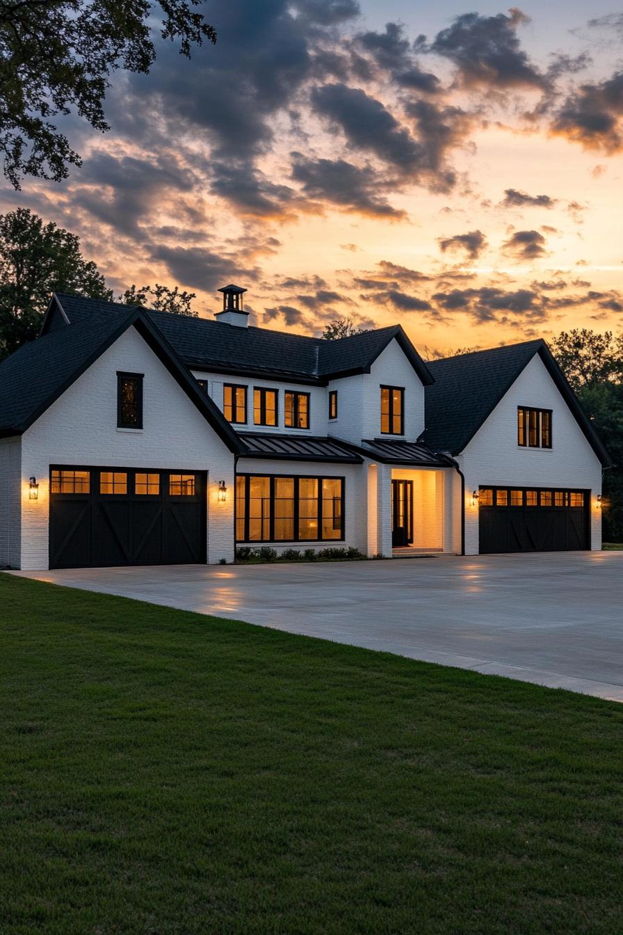 full view of large white shouse barndominium with black roof one side has modern windows and doors the other side has large garage doors wall 1