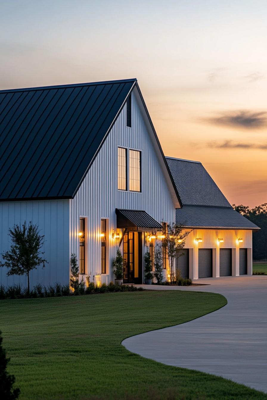 full view of large white shouse barndominium with black roof one side has modern windows and doors the other side has large garage doors wall