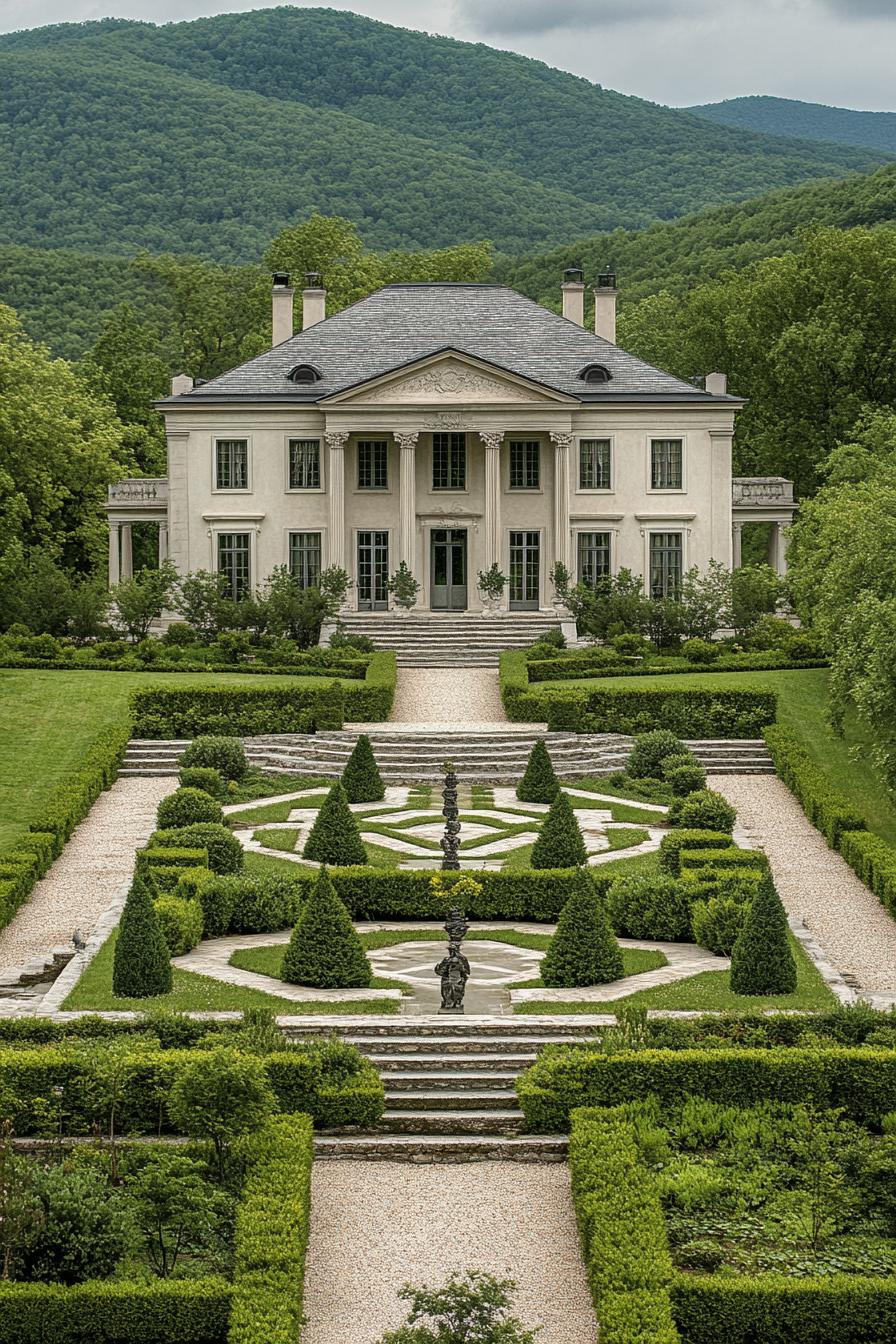 high angle view of Georgien style manor with grey roof facade with columns large front garden with geometric shrubs and paven paths with steps 1