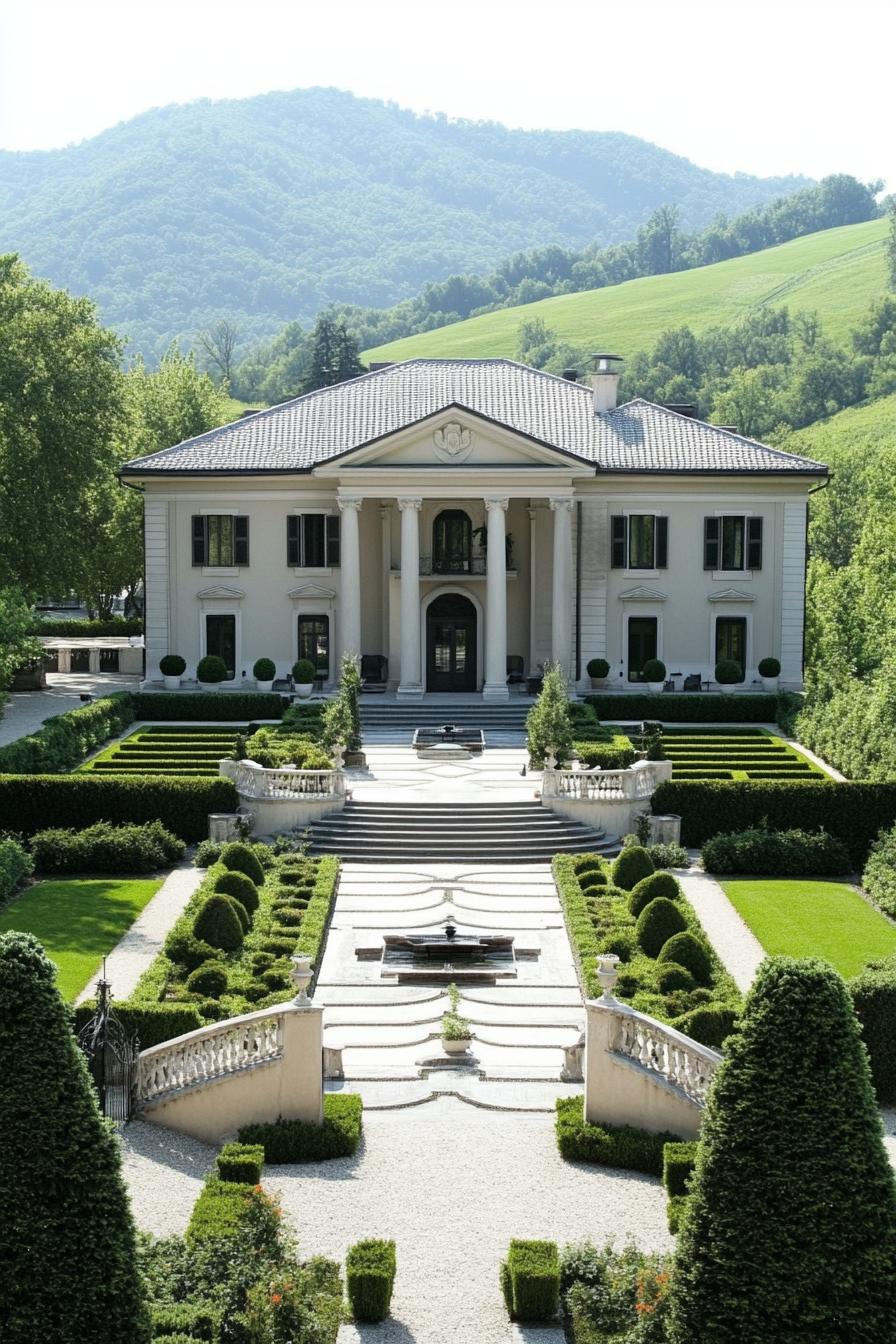 high angle view of Georgien style manor with grey roof facade with columns large front garden with geometric shrubs and paven paths with steps 2