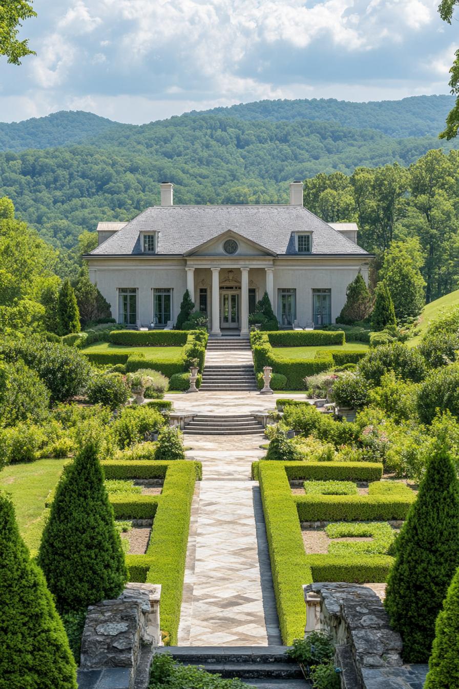 high angle view of Georgien style manor with grey roof facade with columns large front garden with geometric shrubs and paven paths with steps 3