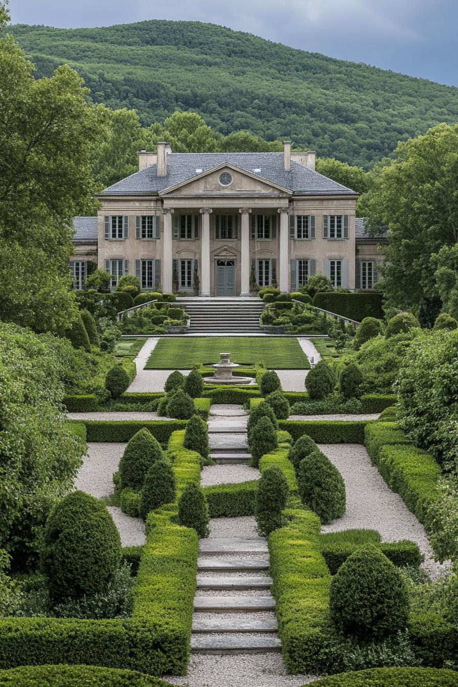 high angle view of Georgien style manor with grey roof facade with columns large front garden with geometric shrubs and paven paths with steps