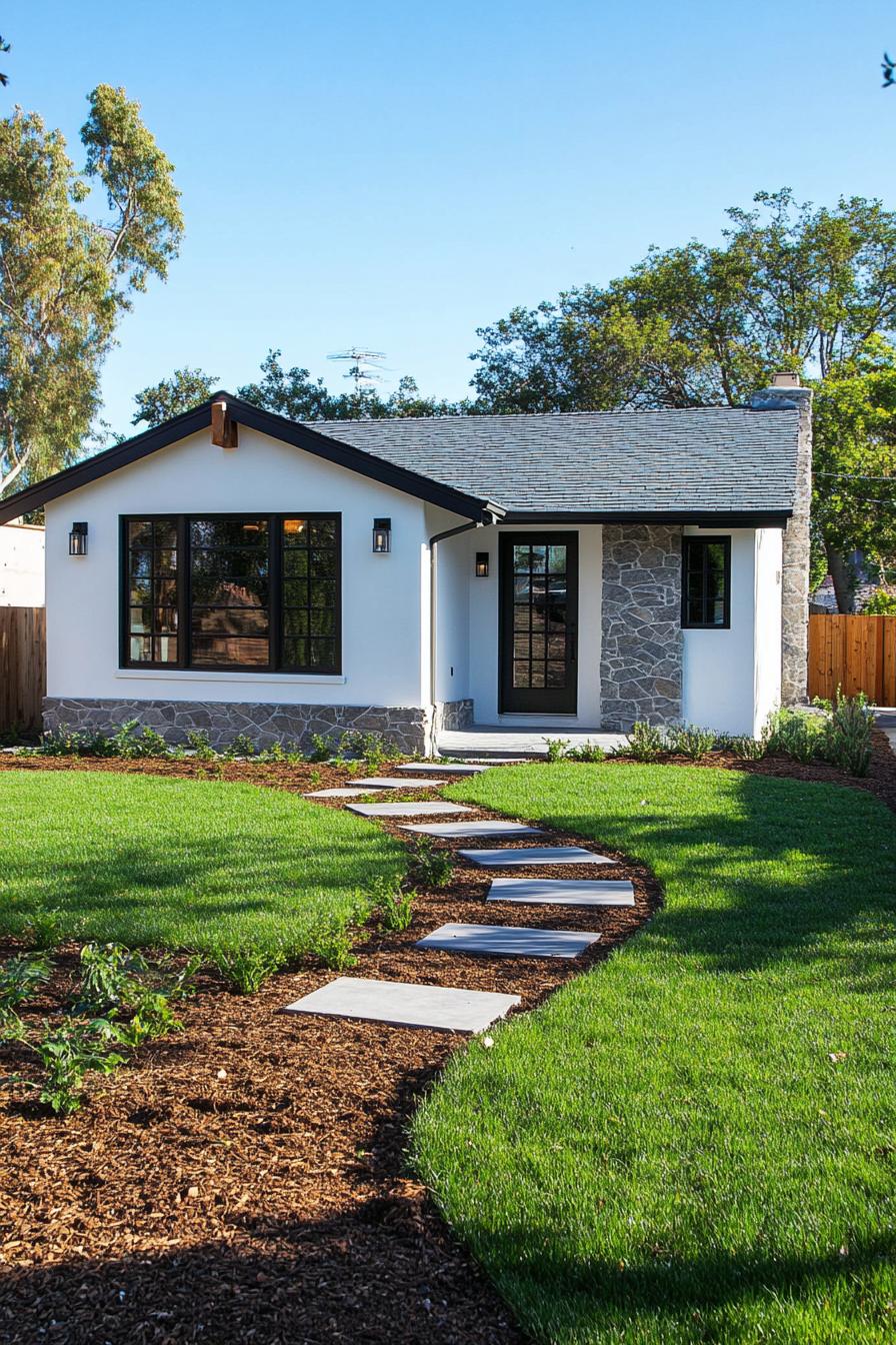 Cozy one-story house with stone accents and manicured lawn