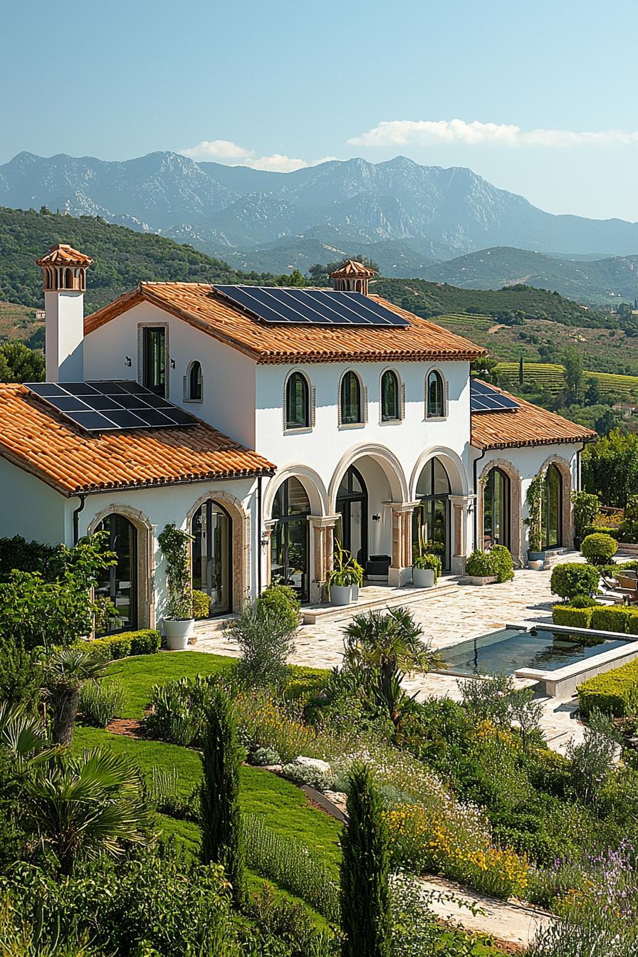 Spectacular villa with solar panels in a lush, mountainous setting