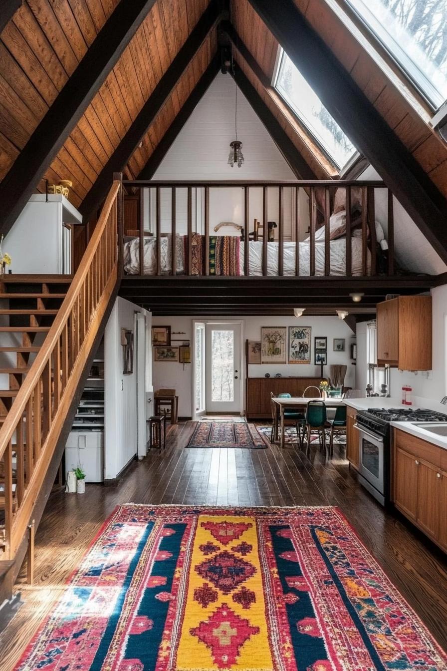 interior of a frame house with high ceiling in dark wood exposed wooden beams white walls kitchen on one side with shaker cabinets