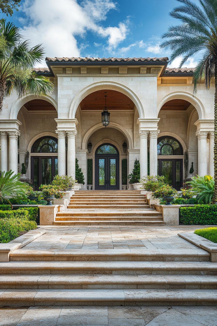 mediterranean linestone mansion with arches and columns front yard with steps and shrubs 1