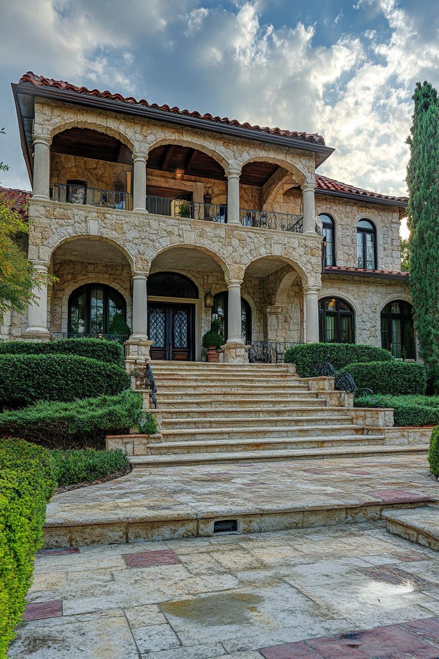 mediterranean linestone mansion with arches and columns front yard with steps and shrubs 2