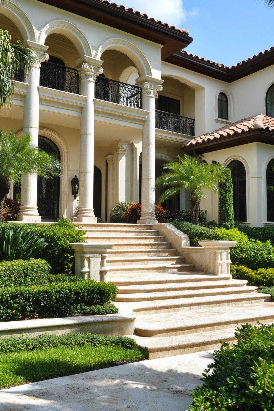 mediterranean linestone mansion with arches and columns front yard with steps and shrubs