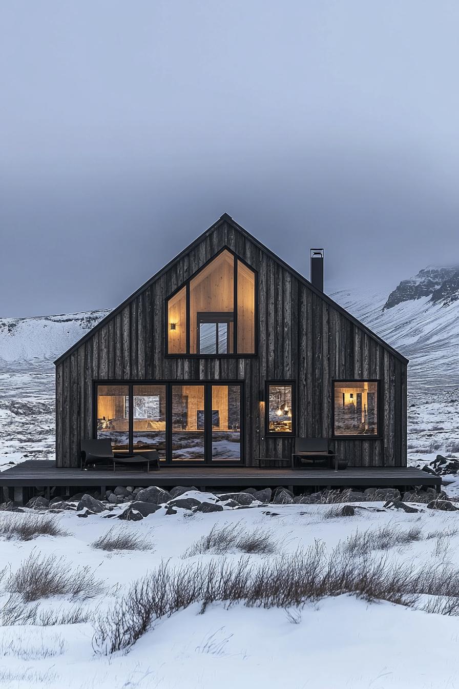 A wooden cabin glowing amidst snowy mountains