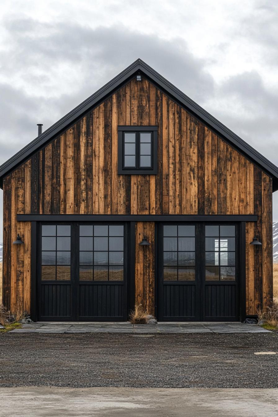 Wooden barn facade with black framed windows