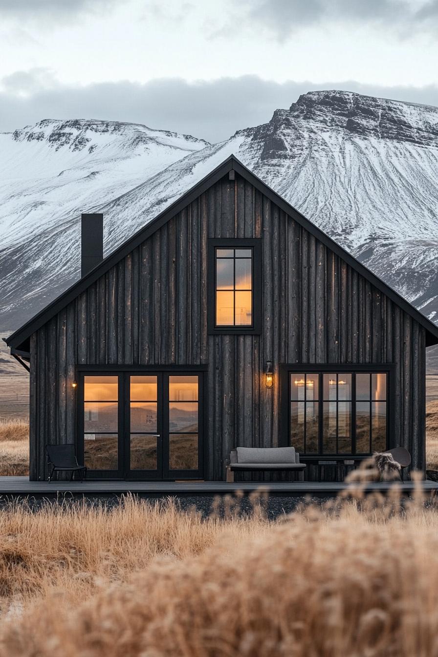 Dark wood cabin with glowing windows and mountain backdrop