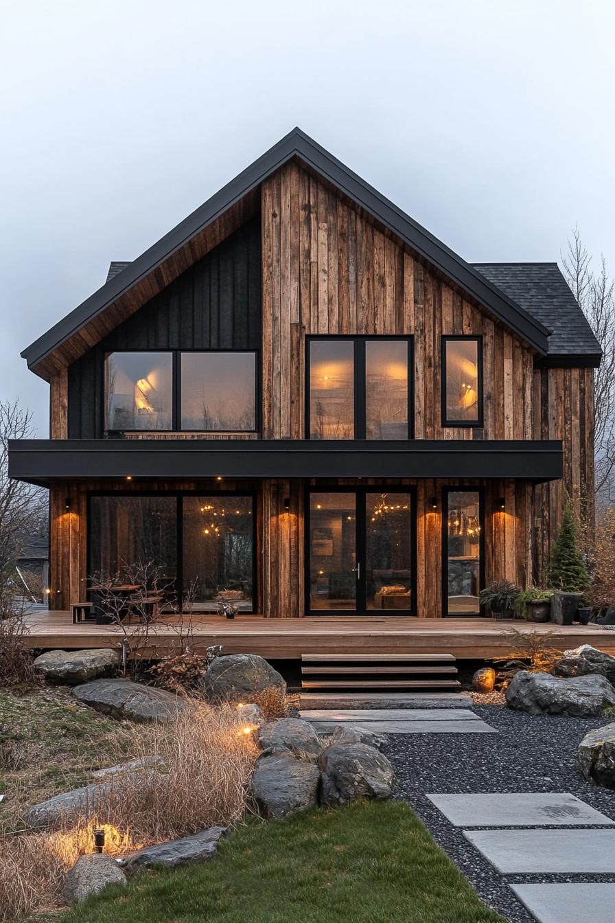 A cozy wooden house with a modern facade