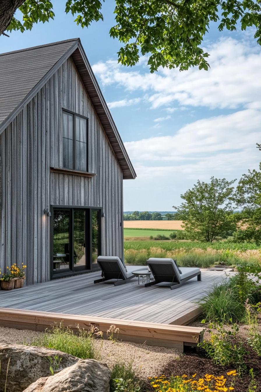 modern barn house with gray timber cladding wooden deck