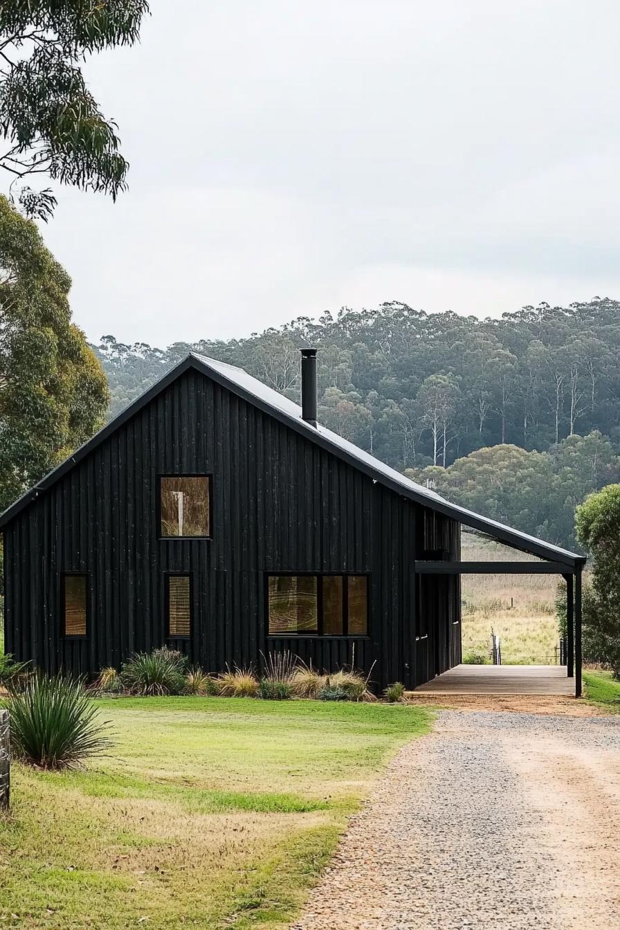 Modern barn house with black exterior in a lush landscape