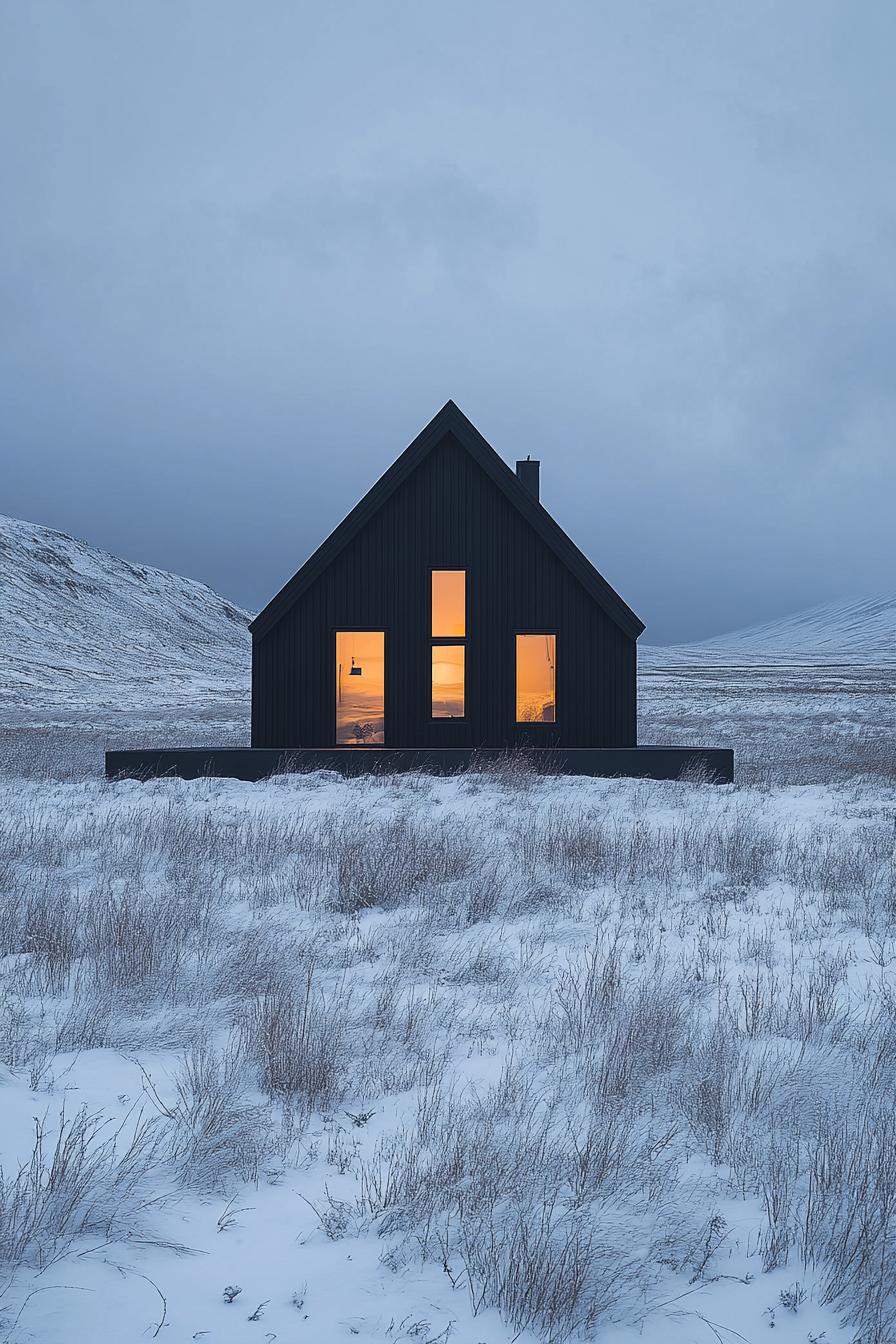 Cozy cabin with glowing windows in a snowy field