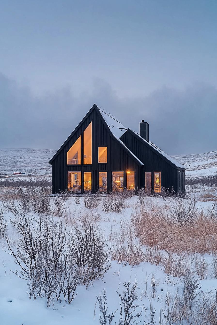 A-frame house with warm lights glowing in a snowy landscape