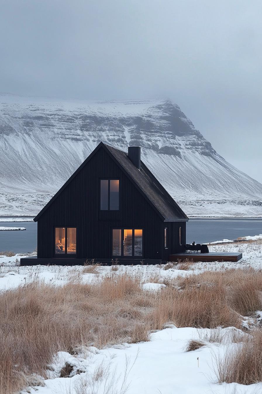 Black A-Frame House Among Snowy Mountains