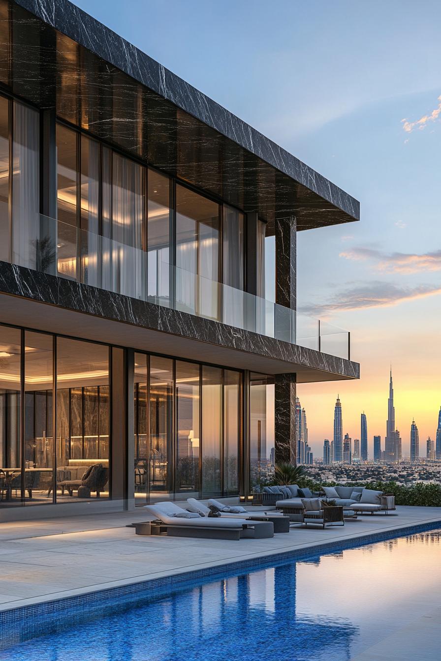 modern black marble mansion with pool paved deck with poolside furniture infinity pool with glass railings large balconies with glass railings