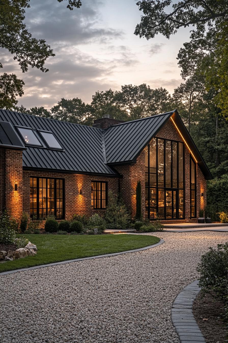 Brick house with large windows and twilight ambiance