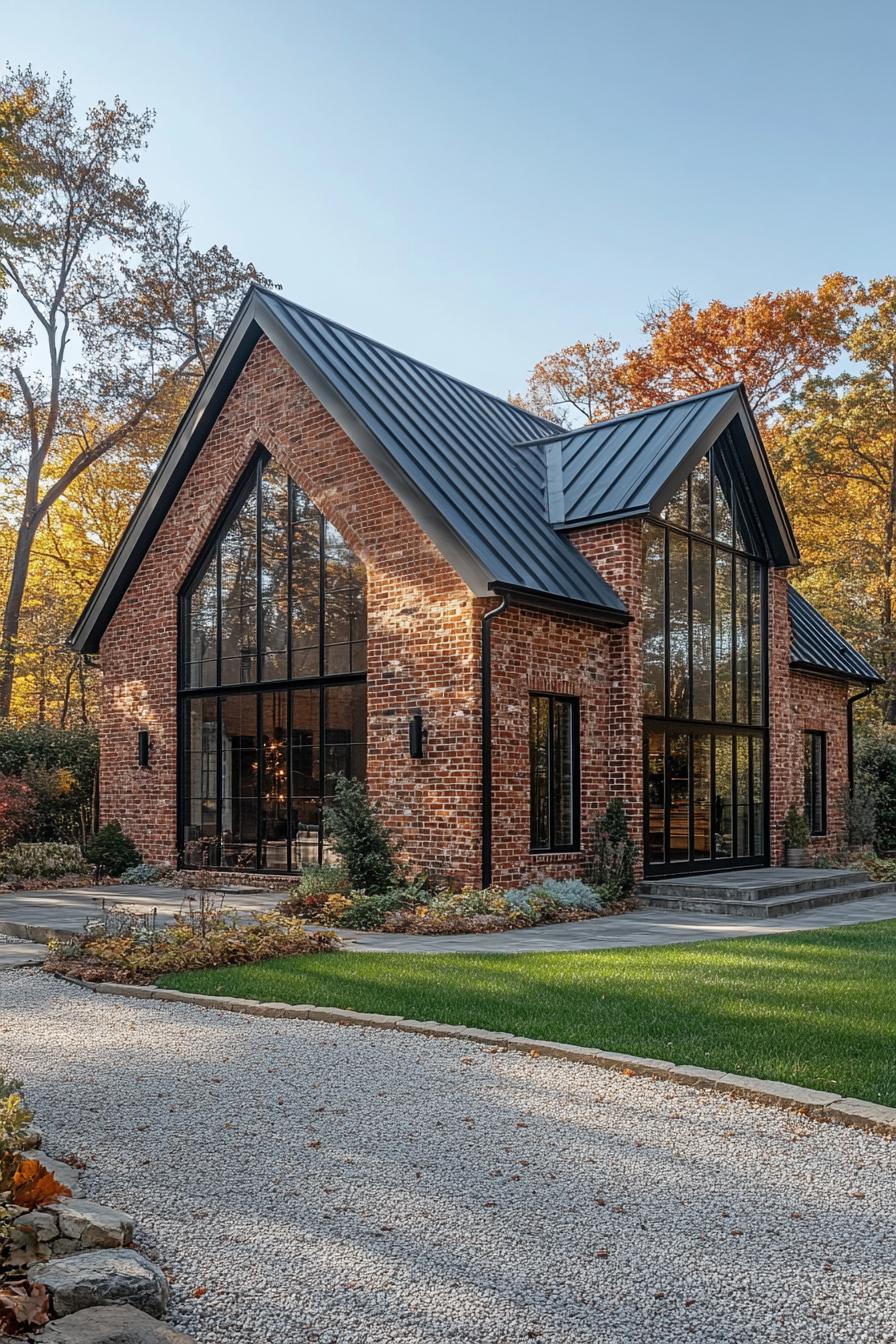 Modern barn house with large glass windows and brick facade