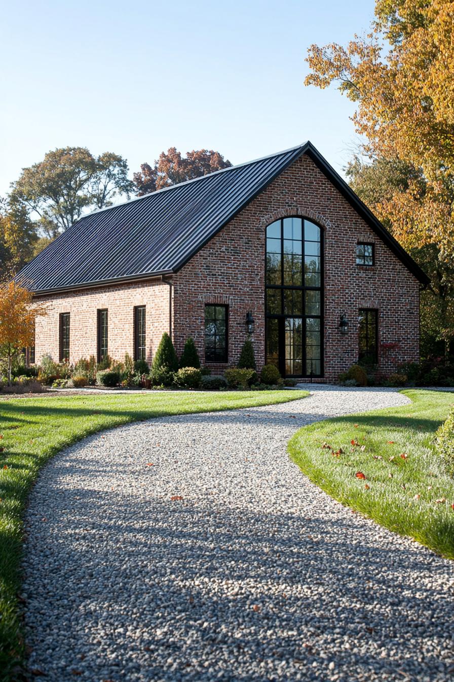 Charming brick barn house with vibrant autumn foliage