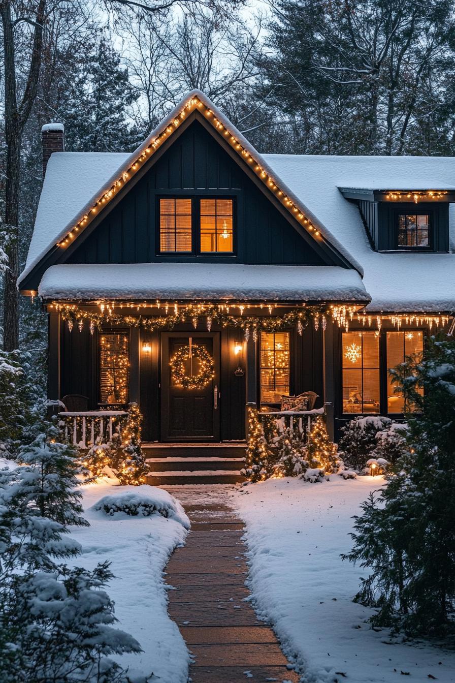 modern cottage house with gabled roof with snow dark siding porch gable with snow roof trimmed with icicles and string lights front door with 1