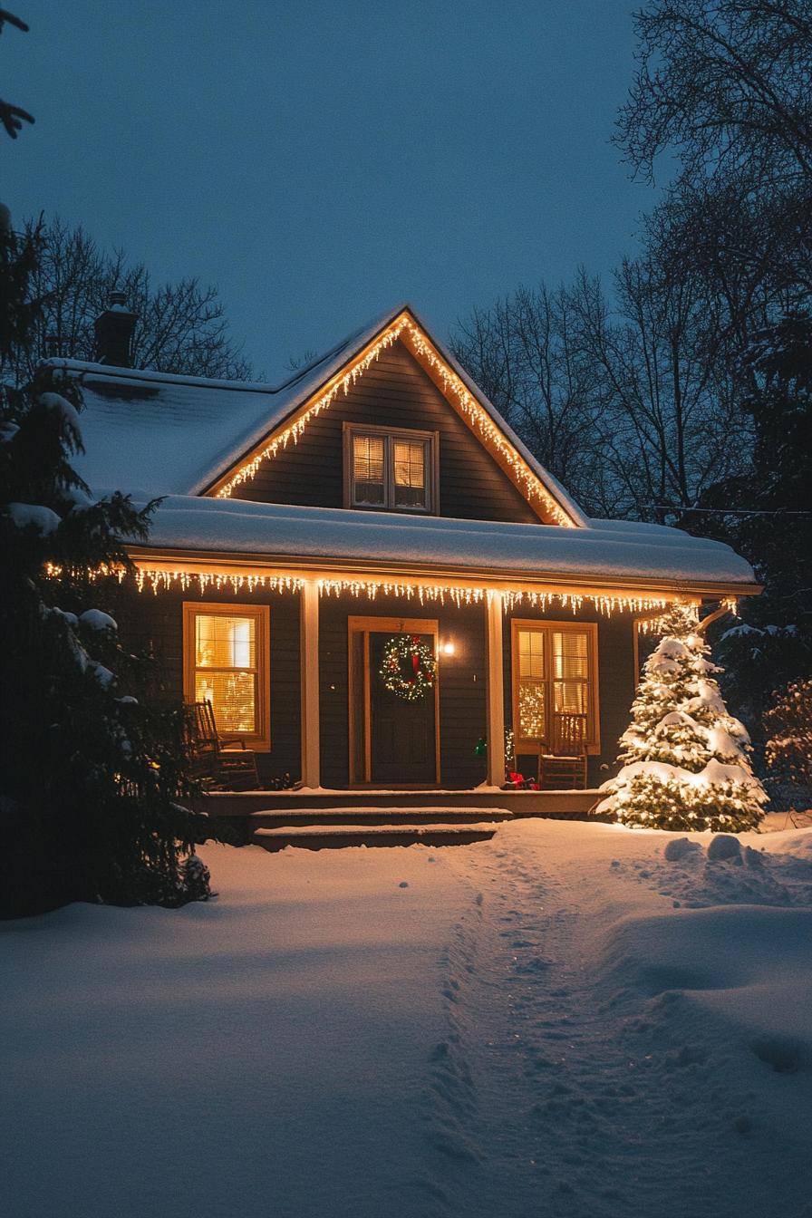 modern cottage house with gabled roof with snow dark siding porch gable with snow roof trimmed with icicles and string lights front door with