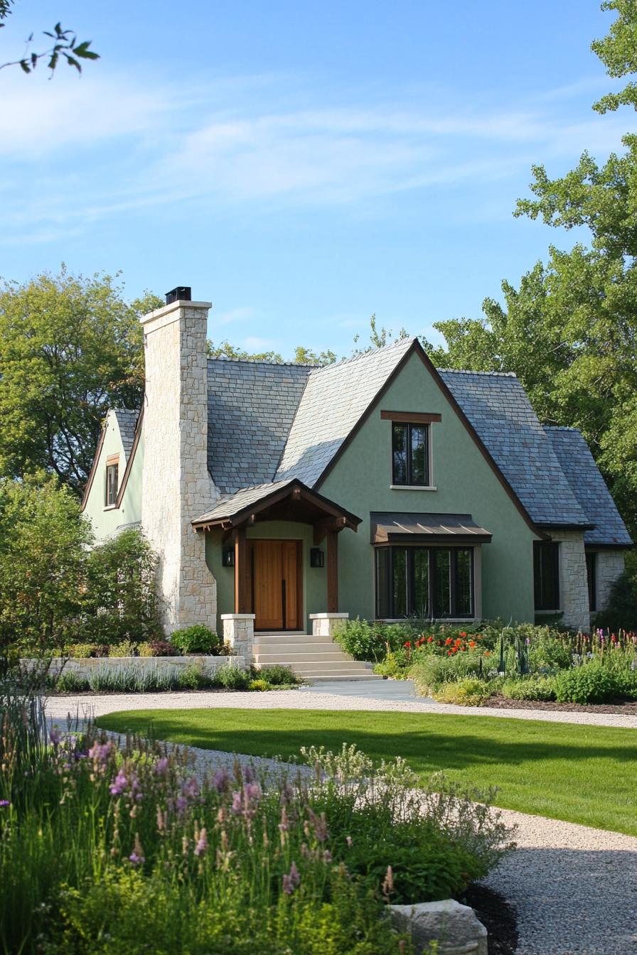 modern european style cottage in pale green stucco facade large front chimney gabled multi pitched roof in stone grey tile modern windows front 1