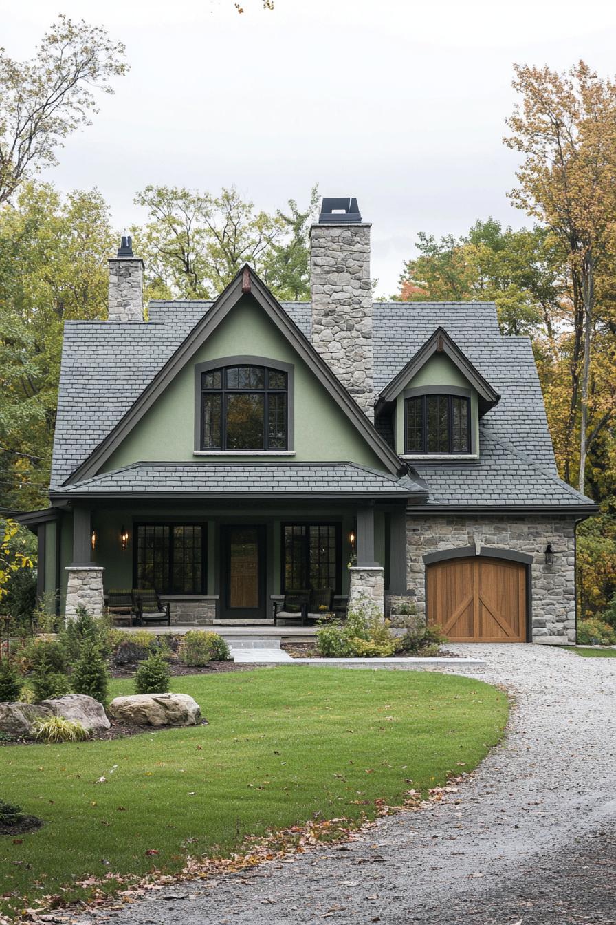 modern european style cottage in pale green stucco facade large front chimney gabled multi pitched roof in stone grey tile modern windows front