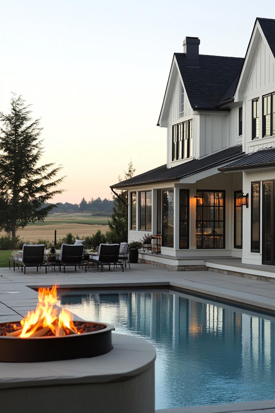 Modern farmhouse with poolside fire pit at sunset