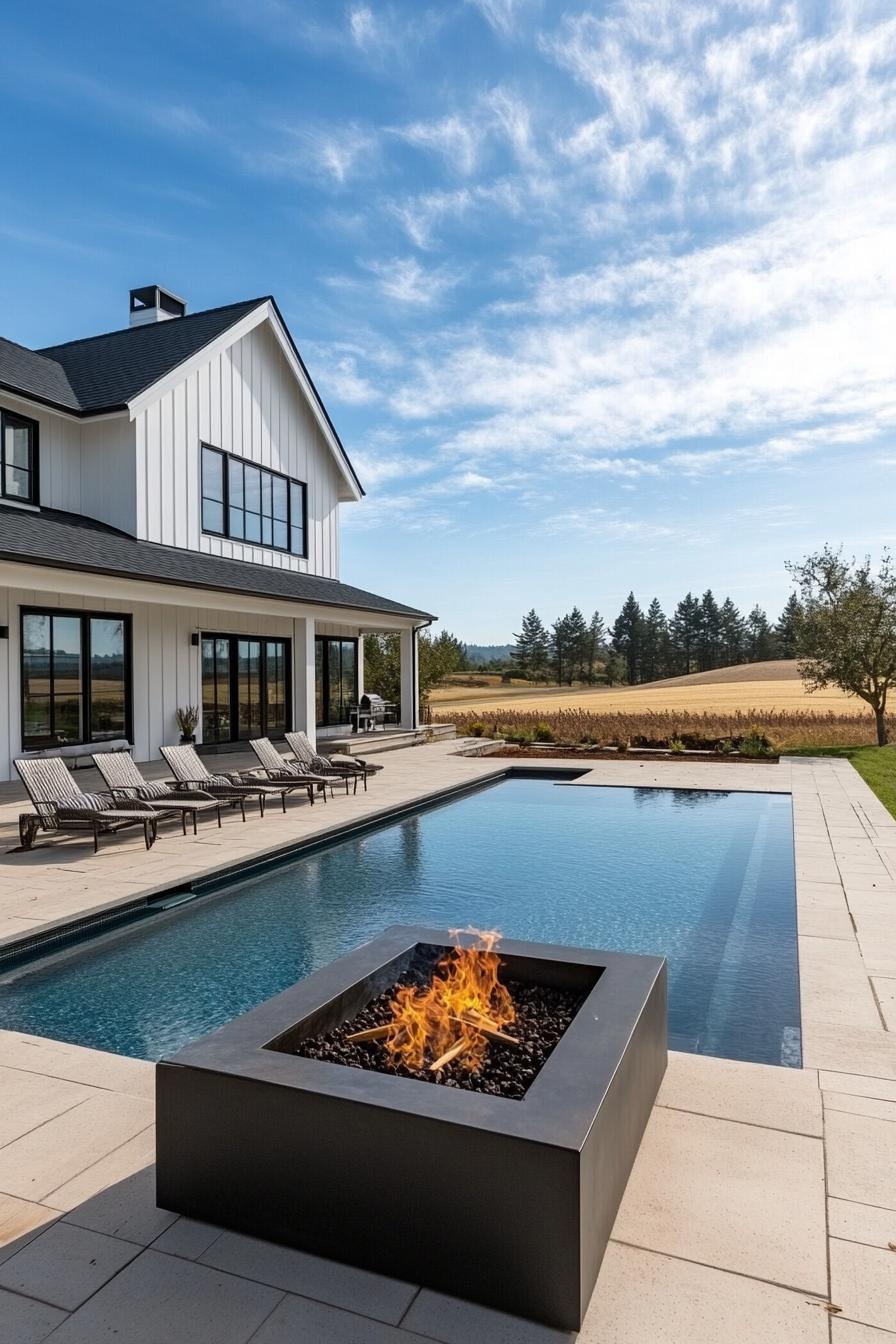 Modern farmhouse with pool and fire pit