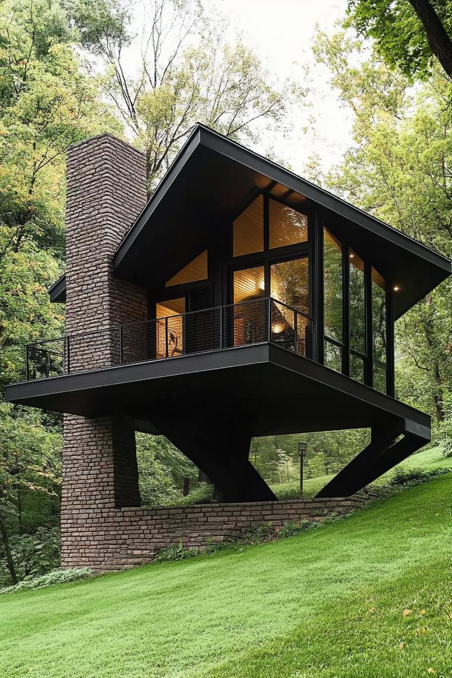 modern geometric cabin house on a steep green hillside slope supported on brick columns it has geometric roof steps to the house from the slope v