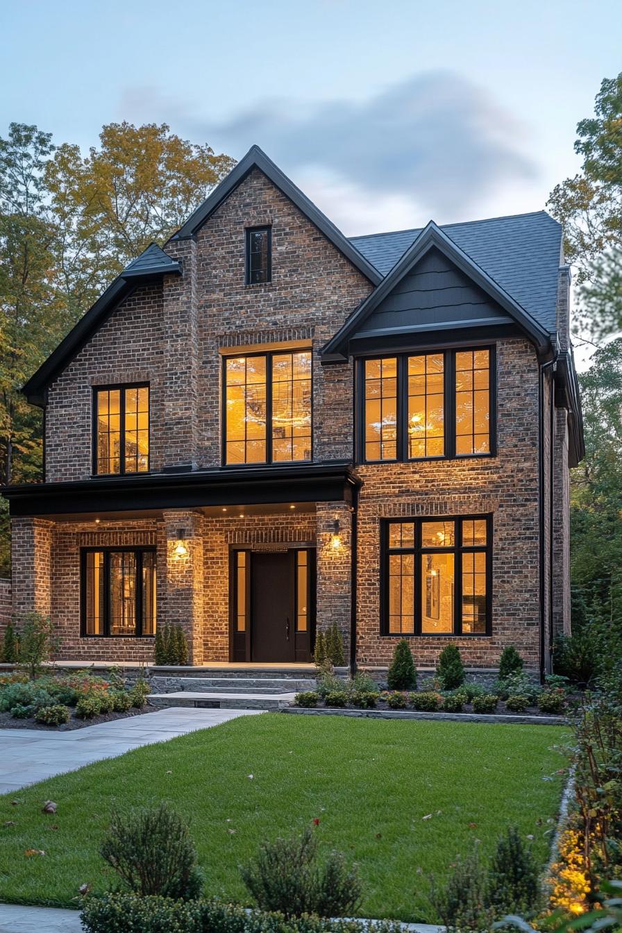 Elegant two-story brick house with glowing windows at dusk