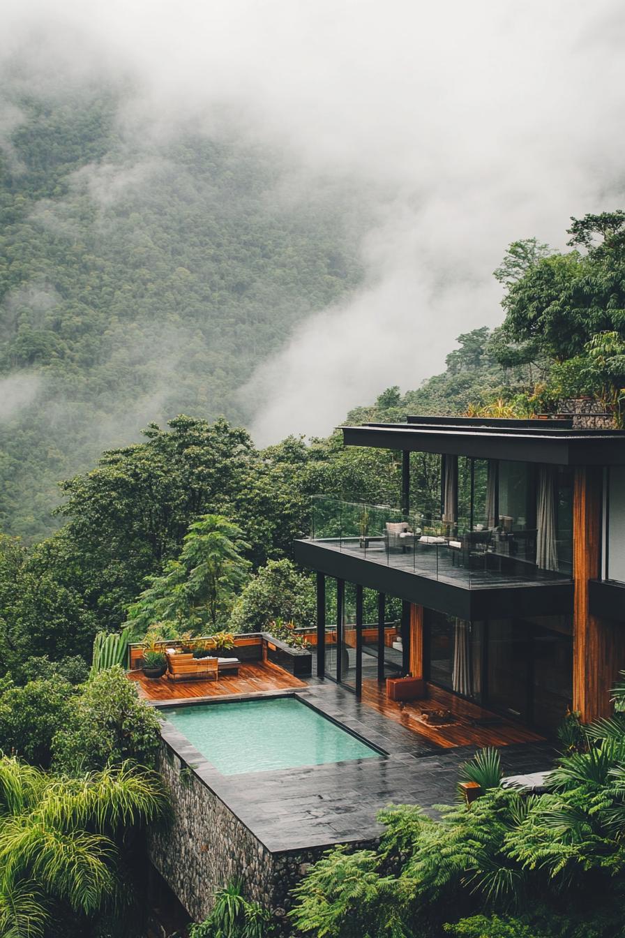 modern mountain black house with multiple stories large terrace with pool surrounded with lush trees overlooking stunning lush mountain forest 1