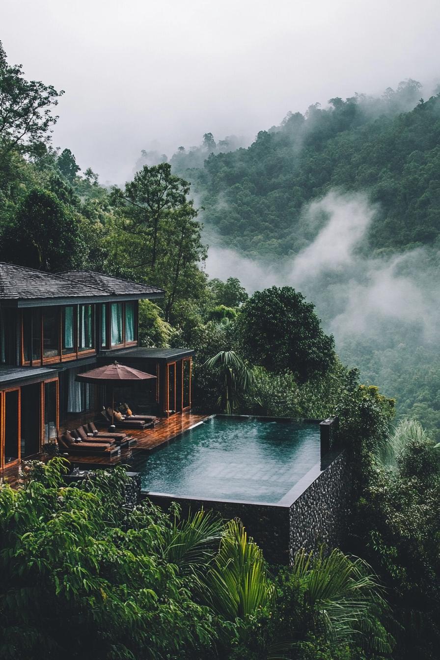 modern mountain black house with multiple stories large terrace with pool surrounded with lush trees overlooking stunning lush mountain forest 2