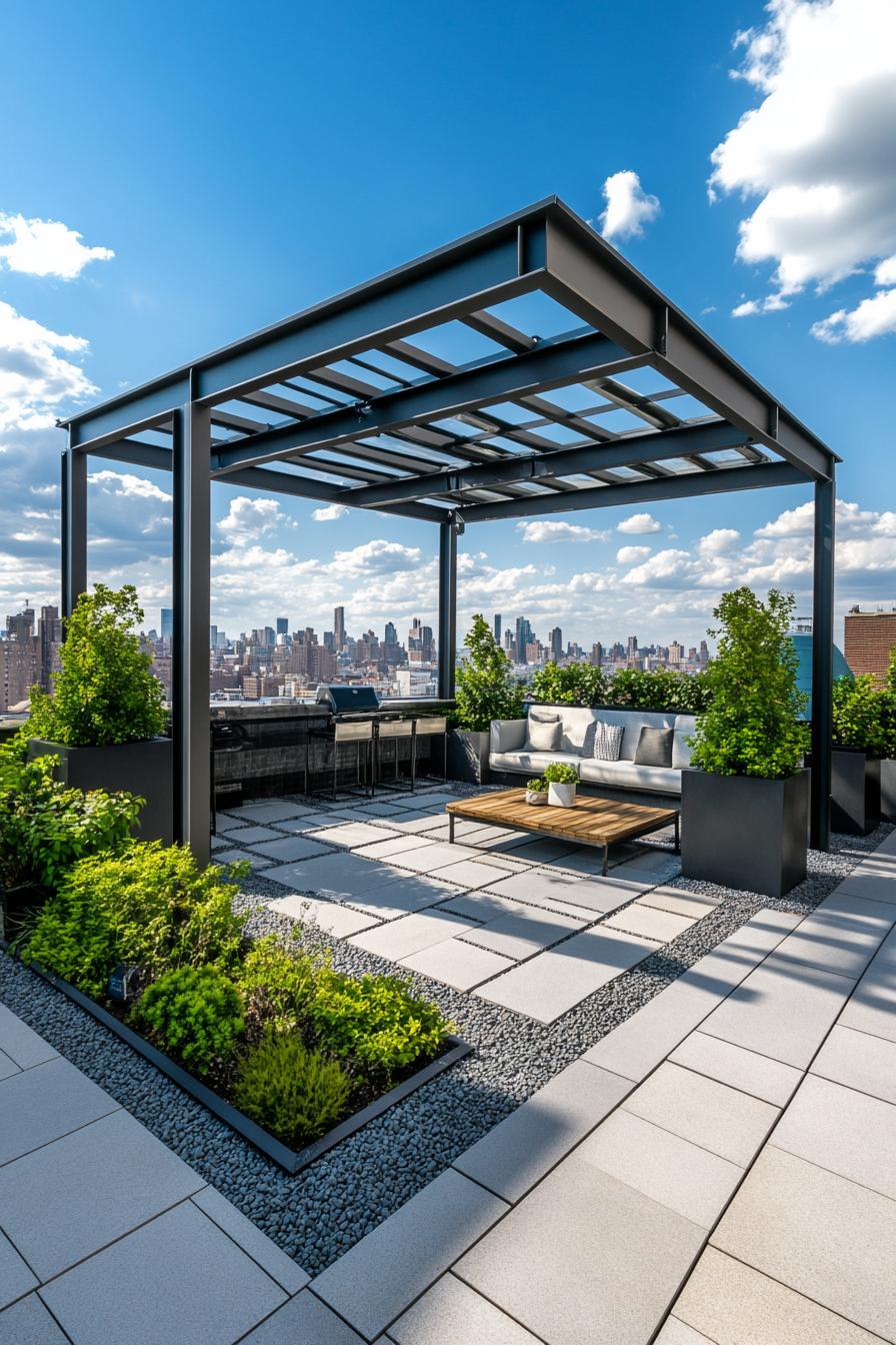 modern rooftop terrace with modular furniture gravel and wooden with concrete paver path planters with geometric shrubs and small trees metal 1