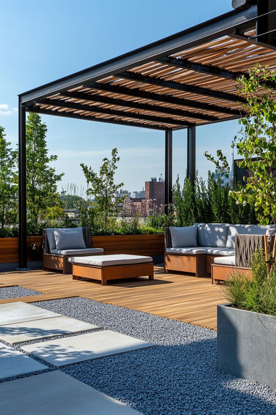 modern rooftop terrace with modular furniture gravel and wooden with concrete paver path planters with geometric shrubs and small trees metal 2