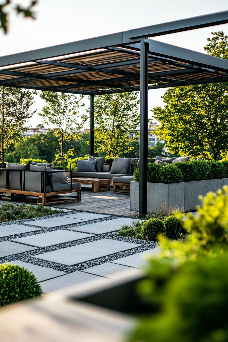 modern rooftop terrace with modular furniture gravel and wooden with concrete paver path planters with geometric shrubs and small trees metal 3