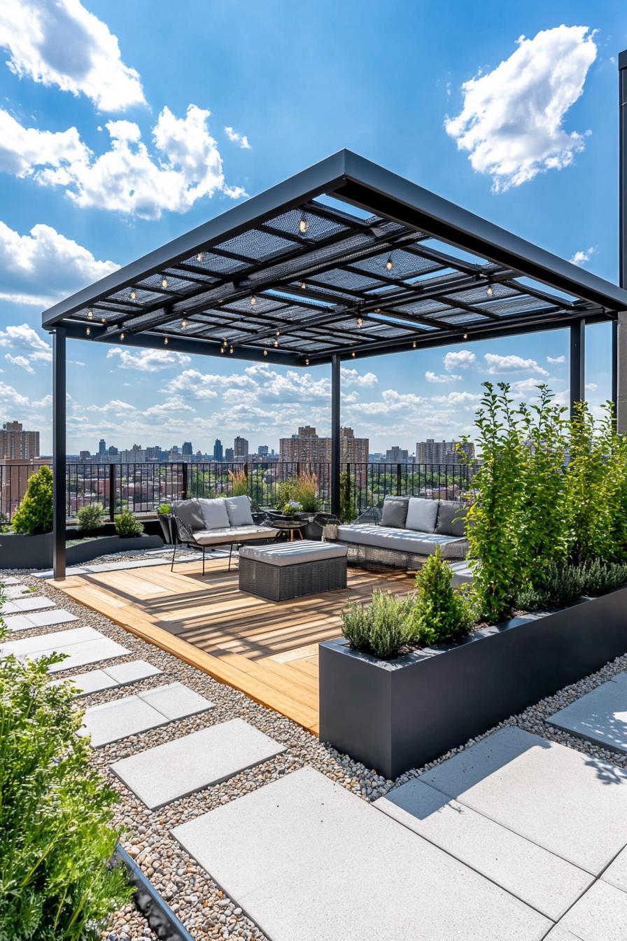 modern rooftop terrace with modular furniture gravel and wooden with concrete paver path planters with geometric shrubs and small trees metal