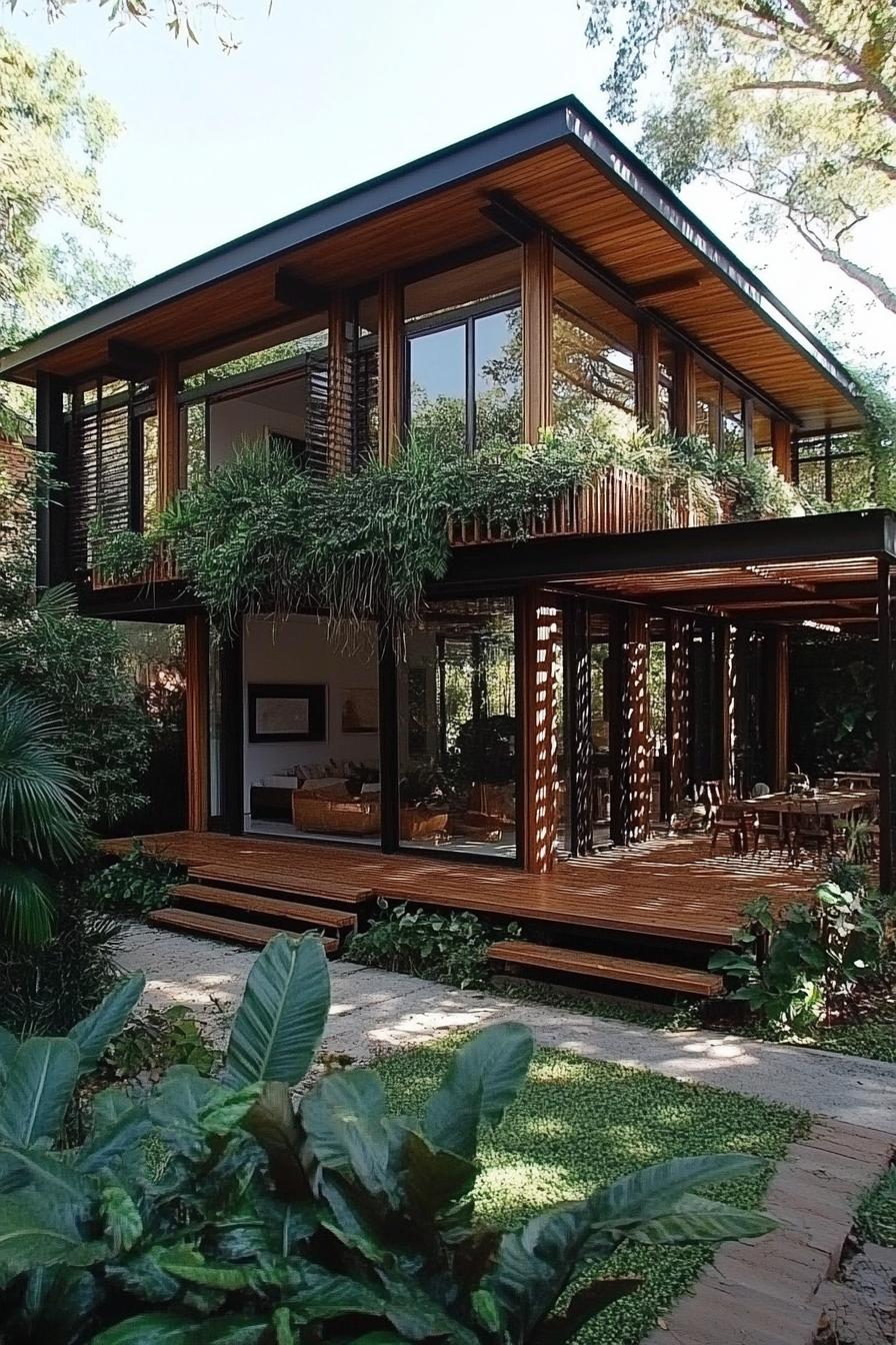 modern wooden frame house with pergolas full wall windows lush front garden 1