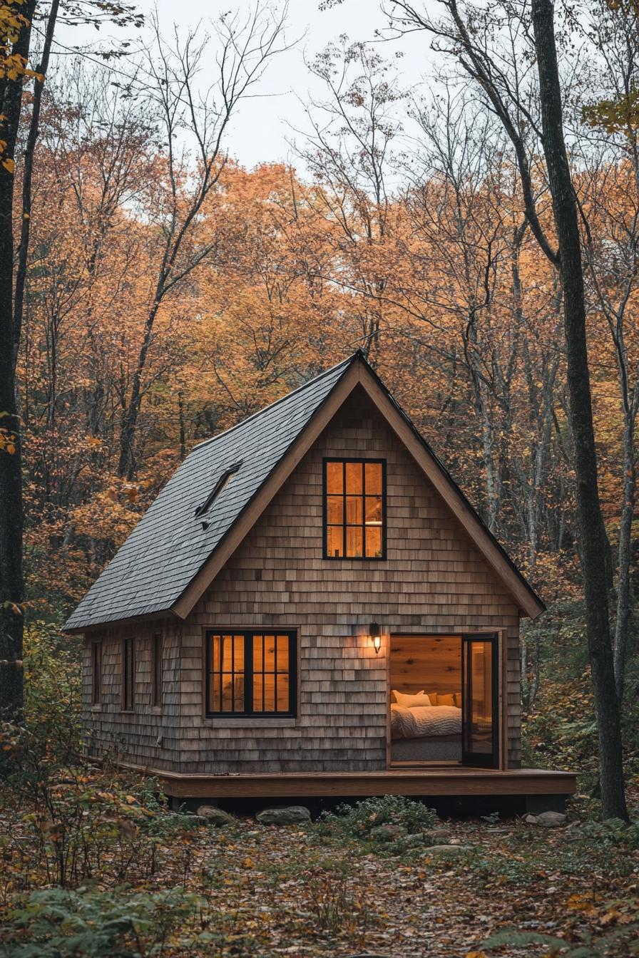 Small, inviting cabin nestled in autumn forest